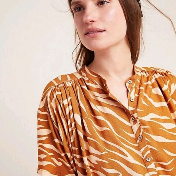 Anthropologie Tiger Stripe Blouse in Orange and Cream Size Xl - Picture 2 of 9